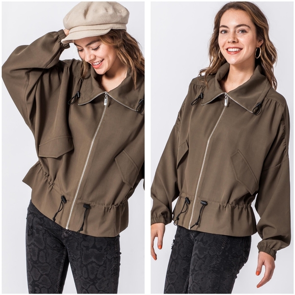 Olive Lightweight Dolman Sleeve Zippered jacket - Picture 2 of 5